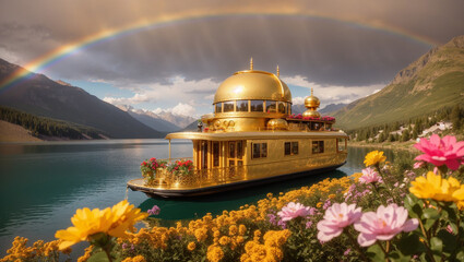 Obraz premium A large golden boat is floating on a lake with a rainbow in the sky, surrounded by flowers. There are mountains in the background.
