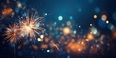 Festive Fireworks Display with Blurry Lights,Happy New Year, Beautiful creative holiday background with fireworks and Sparkling