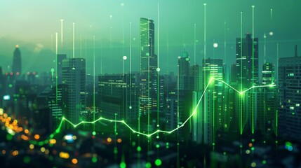 Fototapeta premium A bustling cityscape with skyscrapers, highlighting urban development and financial growth. Perfect for illustrating market trends, stock investments, and city analytics.