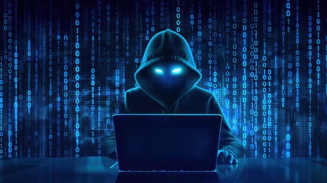 A hooded figure with glowing eyes using laptop surrounded by blue binary code showing cyber security concept
