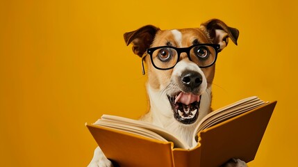 dog with glasses looking surprised and excited with open book, solid yellow background