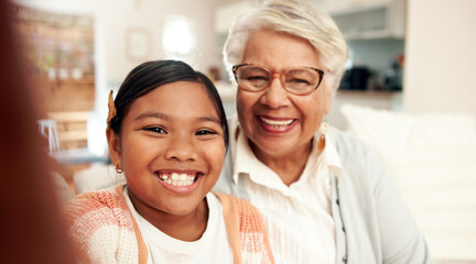 Girl, grandmother and smile for selfie portrait with bonding, happy memory and post for online blog...