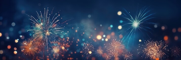Fototapeta premium Fireworks Celebration in the Night Sky,Happy New Year, Beautiful creative holiday background with fireworks and Sparkling