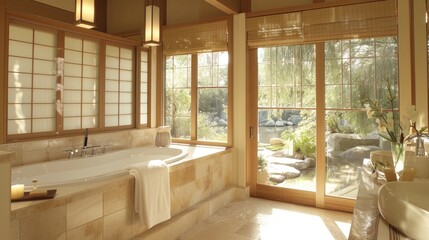 Fototapeta premium A serene bathroom with a Japanese soaking tub and sliding shoji screens for privacy