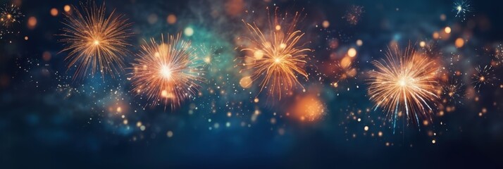 Fototapeta premium Sparkling Fireworks Display in the Night Sky,Happy New Year, Beautiful creative holiday background with fireworks and Sparkling