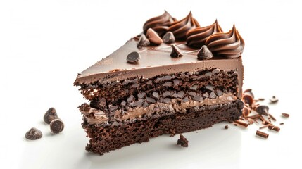 Chocolate Cake Slice. Delicious Creamy Dessert Piece Isolated on White Background