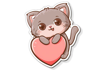 Funny cute kitten with big eyes and heart, created in cartoon style, on white isolated background.