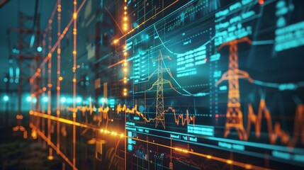Detailed electricity grid diagrams showcasing cost analytics with vibrant graphics and charts, highlighting energy consumption, efficiency, and financial metrics.
