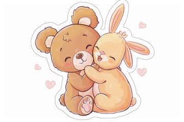 Cartoon bear and bunny hugging each other symbolize friendship, love