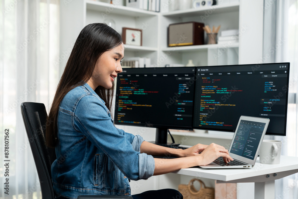 Poster smiling young asian in it developer creating with typing online information on laptop with coding pr