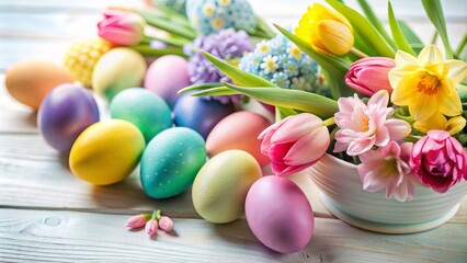 Fototapeta premium Vibrant pastel-hued eggs and fresh spring blooms against a crisp white backdrop evoke a joyful and tranquil Easter atmosphere.