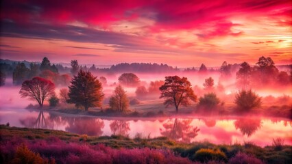 Fototapeta premium Soft focus pink red haze envelops serene landscape at dusk, evoking profound affection and magic of timeless love, symbolizing eternal romance.