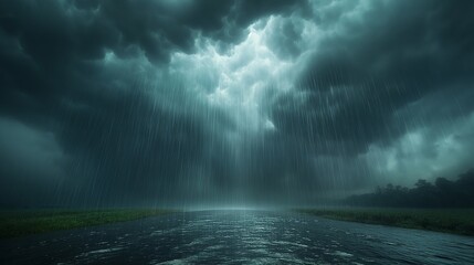 A dramatic  stormy sky with dark clouds and heavy rain pouring down over a landscape