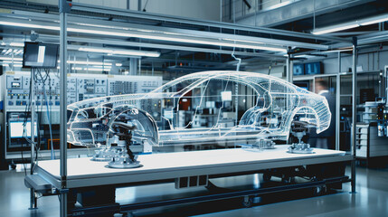 Fototapeta premium Advanced vehicle in state-of-the-art facility with holograms