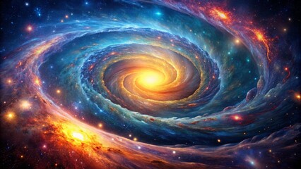 Obraz premium Vibrant cosmic vortex swirls amidst starry night sky with radiant spiral galaxy design, abstract digital artwork for futuristic wallpaper backdrop.