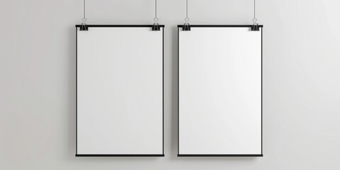 Two blank white A4 size posters hanging on paper clips on an isolated background. Realistic mocku
