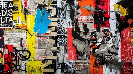 Textured collage wall with torn posters and street art graffiti