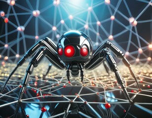 Fototapeta premium A close-up of a black spider mite on a network technology web, with selective focus and a blurred foreground, captured in macro detail. IT concept