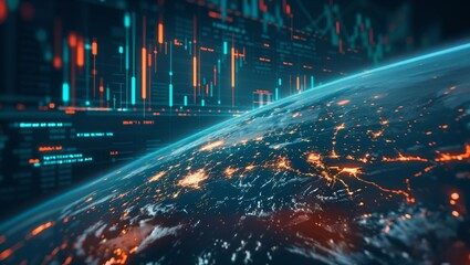 A detailed futuristic view of Earth at night with glowing economic activity and abstract financial data chart overlay illustrating global market trends and analytics.