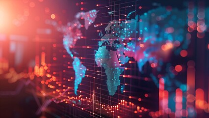 Fototapeta premium A highly stylized digital map showcasing global data points with a vivid mix of red, blue, and orange lights, highlighting various geographical locations and statistical trends.