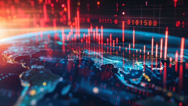 This image combines a glowing view of Earth from space with a vibrant overlay of red bar graphs and data points, representing global data visualization and technology concepts.