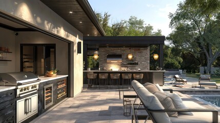 Contemporary suburban ranch with a fully equipped outdoor kitchen and bar, perfect for summer barbecues
