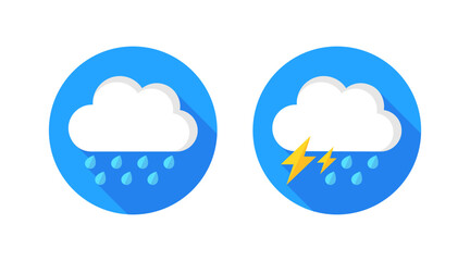 Weather icons. Rain, rain and thunderstorm icons. Flat style. Vector icons.