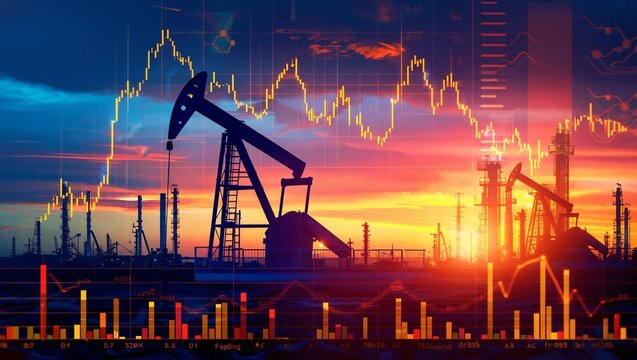 The image depicts silhouettes of oil pump-jacks and refinery structures against a colorful sunset, overlaid with stock market graph data, highlighting energy sector trends.