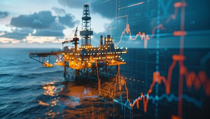 An offshore oil rig set amidst a twilight seascape. Superimposed is a graphical representation of financial market trends, symbolizing the fluctuating energy sector.