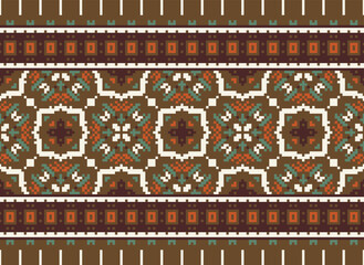 Traditional ethnic motifs ikat geometric fabric pattern cross stitch.Ikat embroidery Ethnic oriental Pixel brown background. Abstract,vector,illustration.