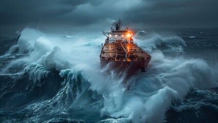 A large cargo ship battles through the raging, tempestuous high seas, enveloped by gigantic waves under a stormy, overcast sky with flashes of orange lighting aboard.