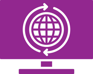 Computer internet connection icon in purpole and white color.