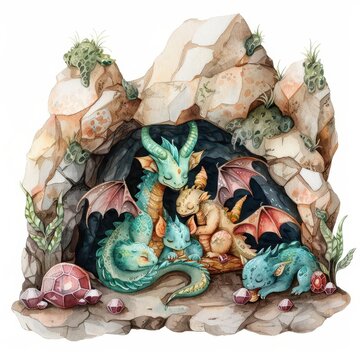 A mother dragon and her three baby dragons huddle together in a cozy cave, surrounded by rocks and glowing crystals.