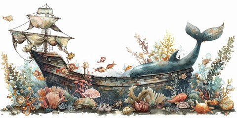 A scene of a sunken pirate ship now home to a mermaid family