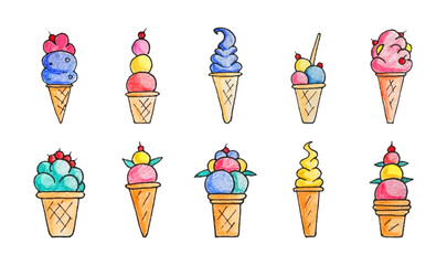 Set of ice cream crayon doodle in colors, group of frozen cream in waffle cones. Vector graphic design elements, stickers and decorations.