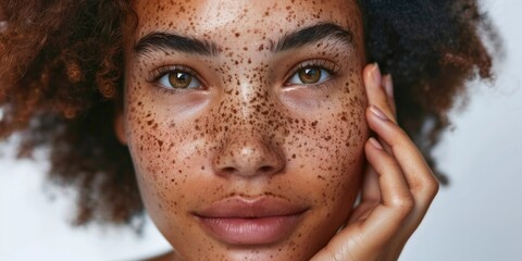 Fototapeta premium A portrait of a young woman's face, focusing on her freckles