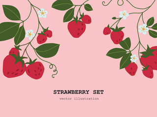 Hand drawn strawberry background . Vector Floral print. Isolated Sketch fresh juicy berries with leaves and flowers. Fruit print . Vector cartoon minimalistic style  illustration. Doodle pattern