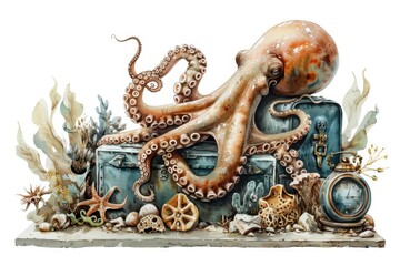 Fototapeta premium A playful scene of a treasure hunt where divers discover enchanted artifacts guarded by a friendly octopus