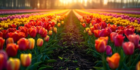 A field of flowers with a bright red and yellow tulip in the foreground