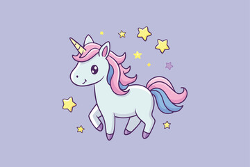 Cute lovely whimsical unicorn surrounded by twinkling stars vector cartoon illustration   © Kashem