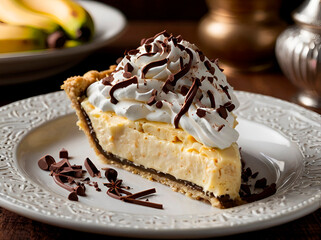 A decadent banana cream pie topped with whipped cream and chocolate shavings.