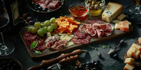 A platter of assorted food items including meat, cheese, grapes, and olives