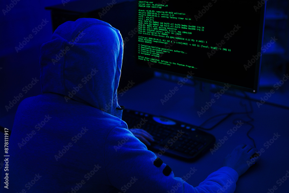 Fototapete A person wearing a hooded sweatshirt sits in front of a computer with a dark background. Computer screen displays green code, indicating that the person is working on a programming or technical task.
