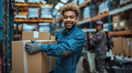 Collaboration between two people when working in the warehouse and shipping services, checking stock taking of cardboard boxes, crates and incoming goods