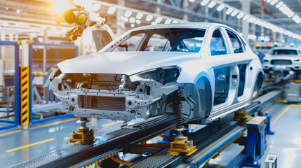 High-tech car manufacturing with neon lights and holographic screens