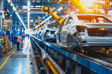High-tech car manufacturing with neon lights and holographic screens