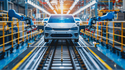Fototapeta premium High-tech car manufacturing with neon lights and holographic screens