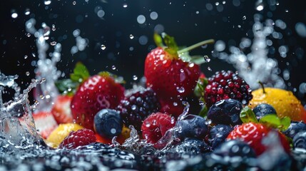 Close-up of fresh fruit in a bowl with water splashing on it