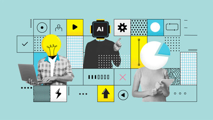 Business process. Contemporary art collage made of shots of young men, managers working hardly isolated over pastel green background, Concept of art, finance, career, co-workers, team. Vector