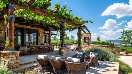 Elegant ranch with an outdoor wine tasting area, complete with a vine-covered pergola and rustic seating